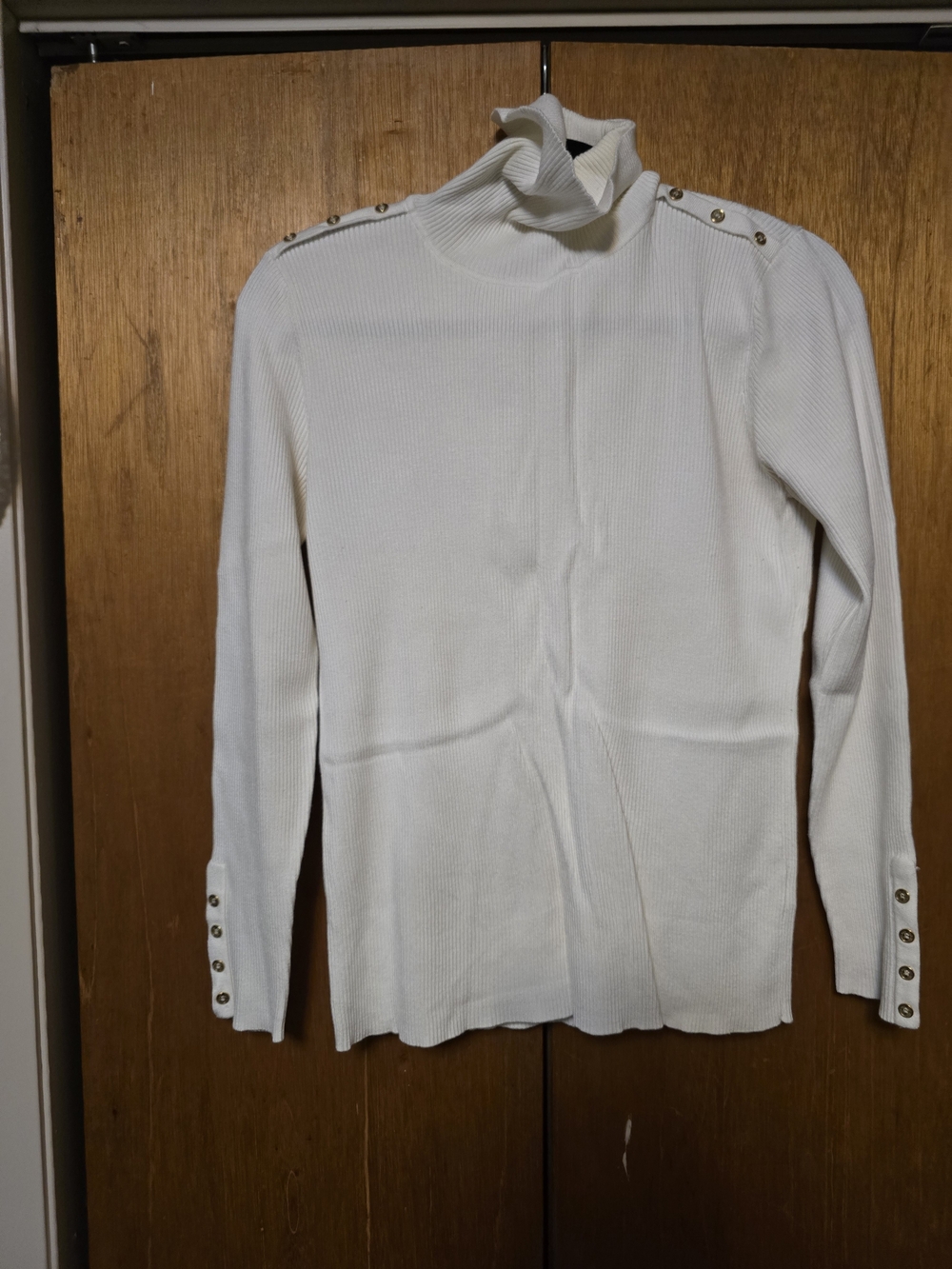 Calvin Klein Cream Ribbed Turtleneck Sweater with Shoulder and Cuff Buttons